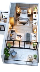 Poster - A small apartment with a bedroom, living room, and kitchen