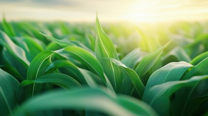 Poster - A close up of a field with green plants and sun, AI