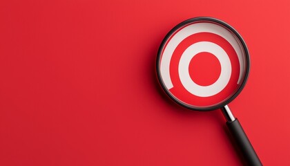 Magnifying glass over bullseye target, red background, sharp focus, 3D illustration