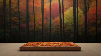 Wall Mural - Autumn podium product presentation with fall colorful forest trees