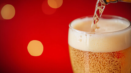 Wall Mural - A close-up shot shows beer being poured into a glass. The glass rests on a wooden surface against a red backdrop. The beer foams and bubbles as it fills the glass.