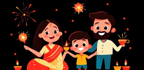 Wall Mural - Cute and beautiful cartoon style illustration with family celebrating Diwali with diyas candles and sparklers