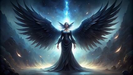 Majestic dark wings unfurled, an ethereal being radiates powerful energy, surrounded by subtle light, evoking mystery