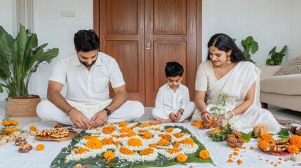 Wall Mural - Family sitting together, dressed in serene white, carefully arranging marigold flowers, capturing peaceful and spiritual preparations for Diwali.