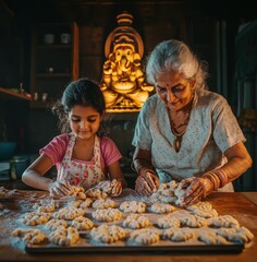 Wall Mural - Grandmother and granddaughter joyfully preparing traditional sweets together for Diwali