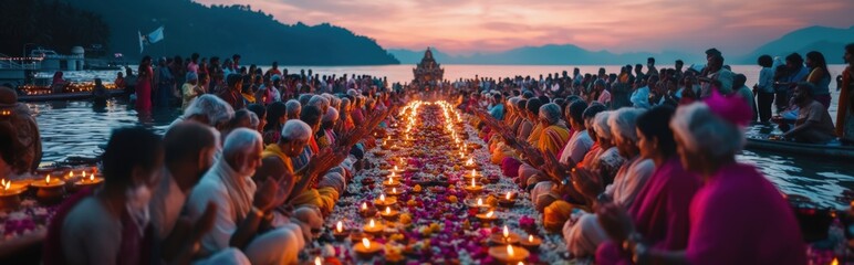 Wall Mural - Photo of people celebrating diwali festival in India, performing rituals.