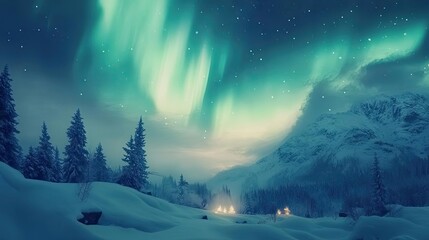 A breathtaking view of the aurora borealis illuminating a winter landscape with snow-covered trees and distant campfires.