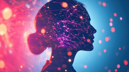 Aufkleber - A silhouette of a woman with glowing neural connections against a vibrant background illustrating the fusion of technology and humanity