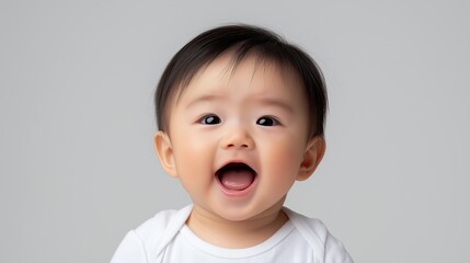 Wall Mural - A baby with a big smile on his face. The baby is wearing a white shirt and has short hair