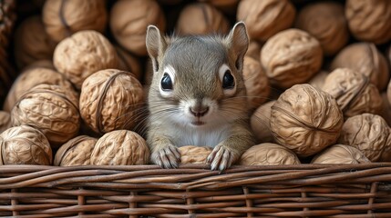 Wall Mural - A small squirrel is sitting in a basket full of walnuts. The squirrel is looking up at the camera with a curious expression. The scene is peaceful and calm