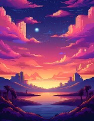 Wall Mural - Pixel Art Sky Vertical Poster - Pixelated gradient of dusk sky transitioning from bright orange and pink to deep blue, designed for eye-catching posters. Graphic art illustration. Ai Generated