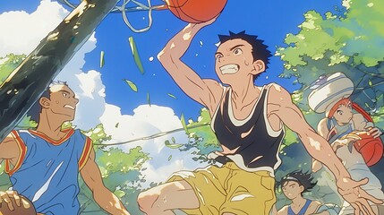 90s Street Basketball Vibes, a lively scene of animated teenagers showcasing their skills on a sunlit court, embracing the energetic spirit and nostalgia of the era.