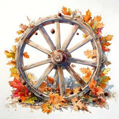 Wall Mural - Watercolor Painting of a Wooden Wheel with Autumn Leaves