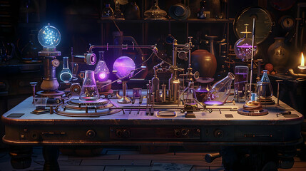 The Augmented Alchemist: A mixing table covered in scientific equipment and augmented reality goggles.