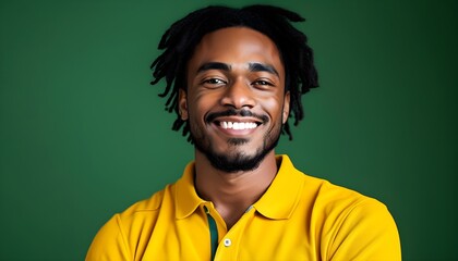 Canvas Print - Confident African American man smiling with crossed arms in vibrant lime green polo shirt against a striking green background