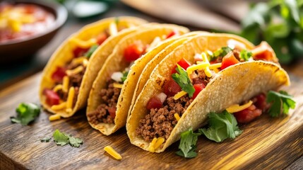 Four beef tacos with cheese, tomatoes, and onions on a wooden cutting board.