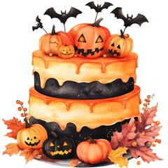 Sticker - Halloween Pumpkin Cake with Bats and Autumn Leaves