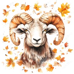 Canvas Print - Watercolor Illustration of a Ram with Falling Autumn Leaves