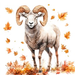 Canvas Print - Watercolor Illustration of a Ram with Autumn Leaves