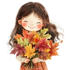 Sticker - Cute Girl Holding Autumn Leaves Watercolor Illustration