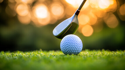 Close-up of golf club and ball on green. 