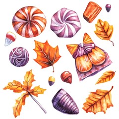 Canvas Print - Watercolor Autumn Leaves  Candy  and Acorns Illustration