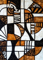 Wall Mural - An African painting of geometric patterns, white and brown.