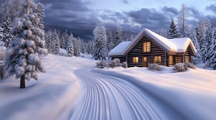 Poster - A snowy cabin in the woods with a snow covered road, AI