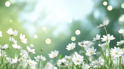 Wall Mural - A field of white daisies with green leaves and light, AI