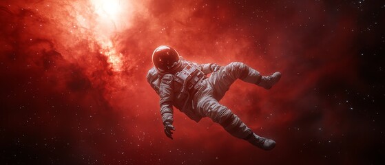 astronaut floating in deep space with nebula background, bathed in red light, representing the myste