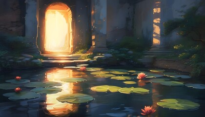 Wall Mural - Enchanted Waterlily Pond Illuminated by Sunlight Through Ancient Architectural Gateway