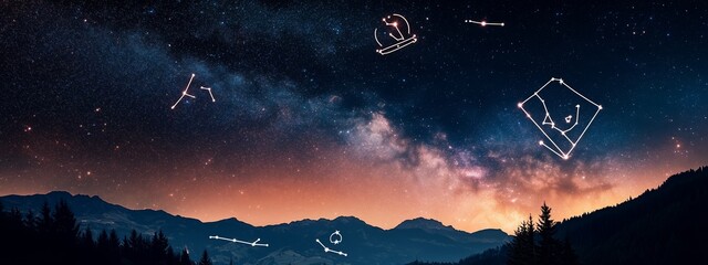 Wall Mural - stargazing under a clear night sky with constellations visible over a mountain landscape during twil