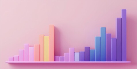 Colorful 3D bar chart illustration on a pastel pink background, representing data visualization and business analysis concept.