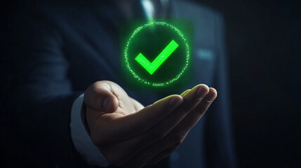 Businessman is holding a green check mark technology icon, signifying success, approval, and completion