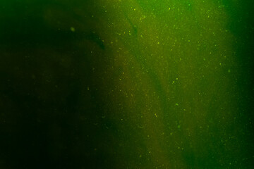 Abstract water background with green glow Chaotically moving glowing dust particles in water. Underwater. Macro world. Textured. Wallpaper