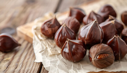 Sweet fresh edible chestnuts on light wooden table, closeup