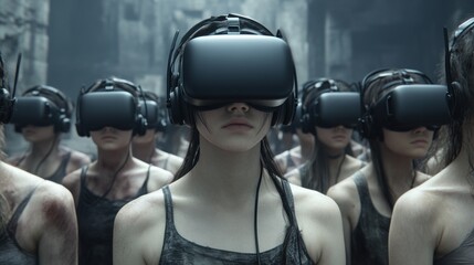 Canvas Print - A group of people wearing virtual reality headsets in a row, AI