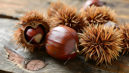 Poster - Sweet fresh edible chestnuts on light wooden table, closeup