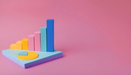 Colorful bar and pie chart models against a pink background illustrating business data and analytics concept.