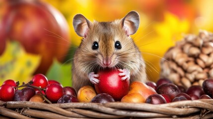 Sticker - A mouse is sitting on top of a basket full of fruit, AI