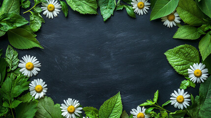 Poster - Chamomile flowers and green leaves creating a border on a dark backdrop with space for text in the middle