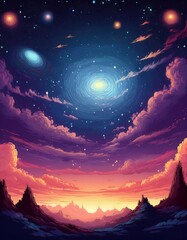 Wall Mural - Pixel Art Retro Galaxy - Gradient starry sky background with a pixelated retro galaxy theme, designed for classic and nostalgic styles. Graphic art illustration. Ai Generated
