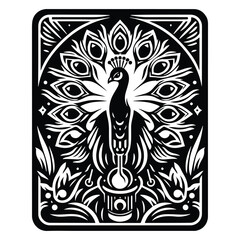 Sticker - Peacock bird in Tarot card black and white silhouette illustration