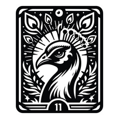 Wall Mural - Peacock bird in Tarot card black and white silhouette illustration