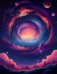 Wall Mural - Retro Starry Galaxy - Pixel art galaxy theme with a gradient background showcasing a nostalgic starry sky for retro-inspired designs. Graphic art illustration. Ai Generated