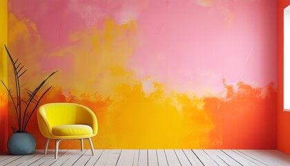 Wall Mural - Vibrant abstract wall design in pink, yellow, and orange hues, creating an inspiring backdrop for innovative interior spaces