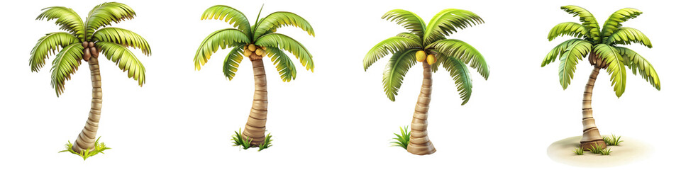  set of A 3D cartoon vector palm tree on a transparent background