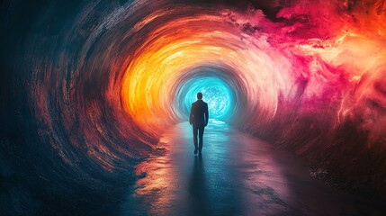 Silhouette of a person walking towards a bright light in a colorful tunnel.