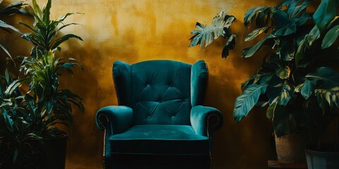 Wall Mural - Green Velvet Armchair Against a Golden Wall.