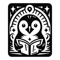 Sticker - Penguin bird in Tarot card black and white silhouette illustration